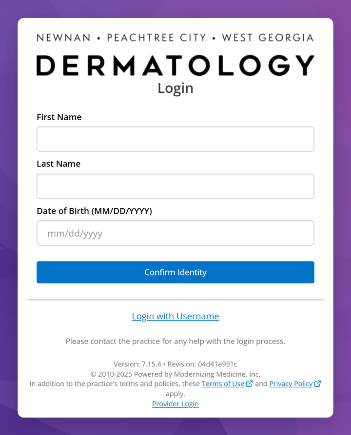 Our patient portal sign-in page: the Newnan, Peachtree City, and West Georgia Dermatology logo, boxes for first name, last name, and date of birth, a Confirm Identity button, and a Login with Username link